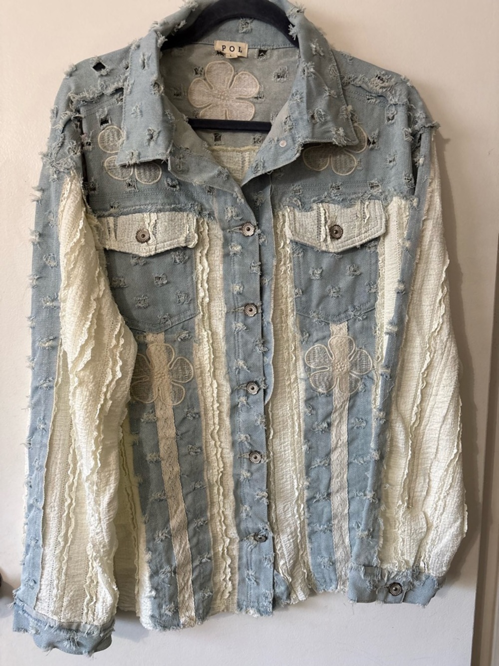 POL Patchwork Jean Shirt Jacket Cottage core Boho Hippie Size Large